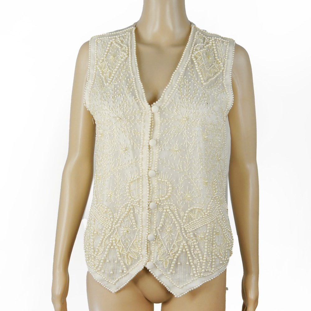 NWT Vintage 90s 90s White Pearl Beaded Floral Embroidered Silk Vest